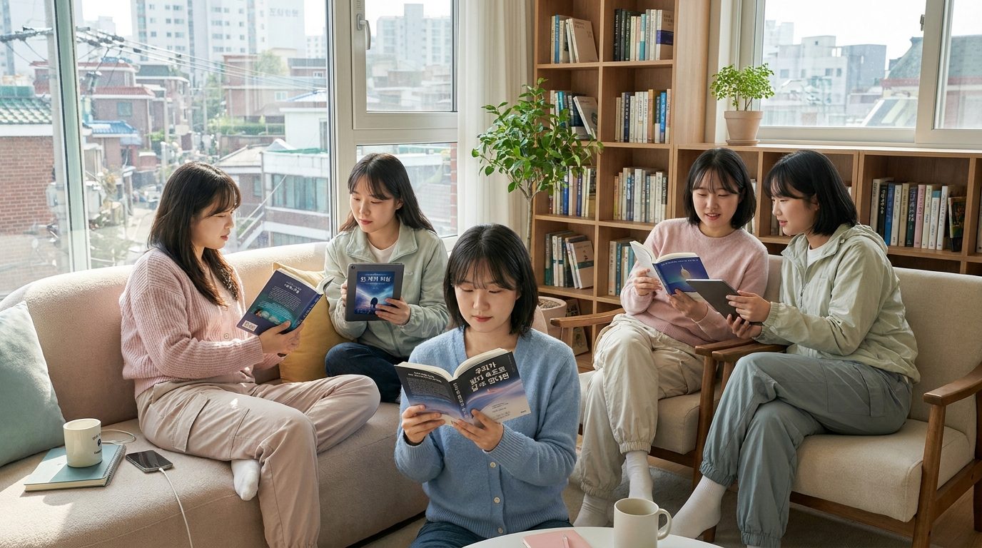 한국SF작가 세계관 비교: 편안한 현대 한국의 거실에서 한국 SF 소설을 읽으며 토론하는 여성들의 모습