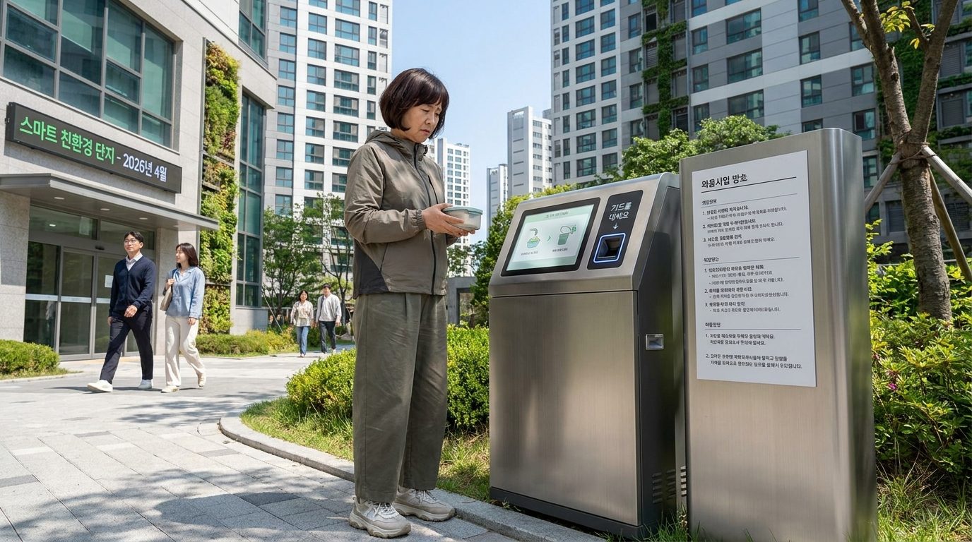음식물 쓰레기 RFID 사용법: 새아파트 단지에서 RFID 음식물 쓰레기 기계를 처음 마주하고 당황하는 중년 여성의 모습