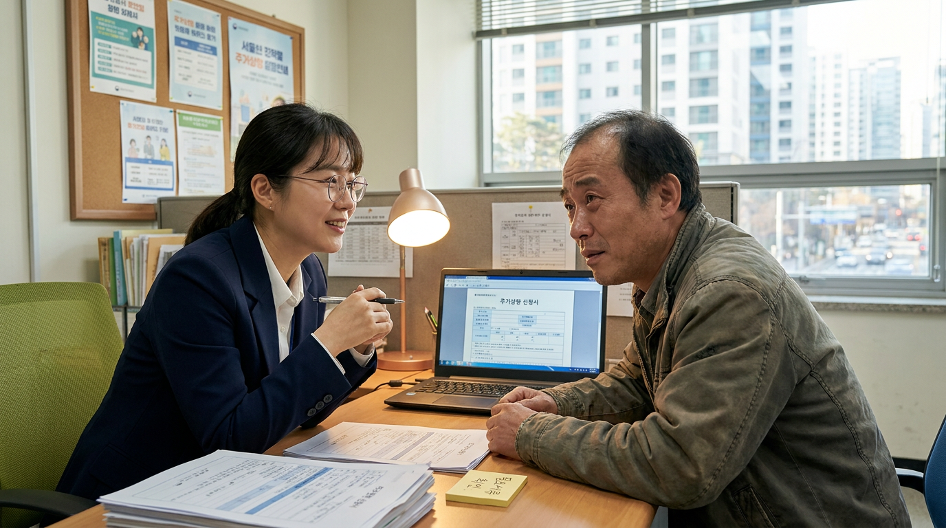 주거복지센터에서 상담 중인 한국인 사회복지사와 중년 남성 클라이언트