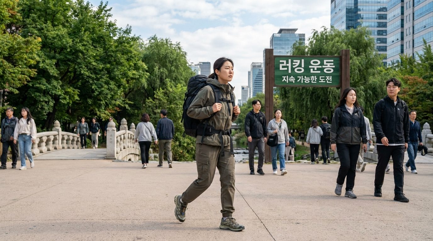 도시 공원에서 러킹 중인 한국인, 의도적 신체 도전을 하는 모습