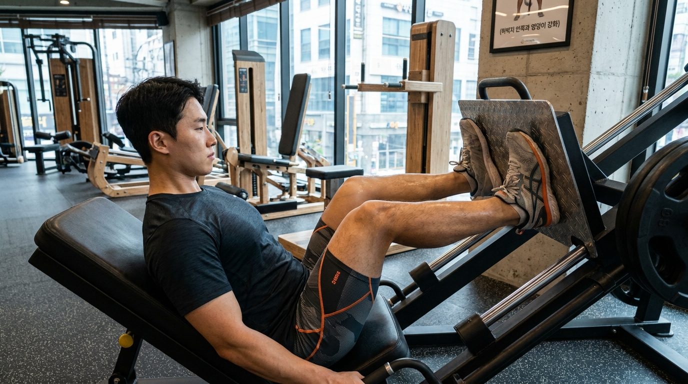 발을 넓게 벌리고 레그프레스 하는 한국인 남성