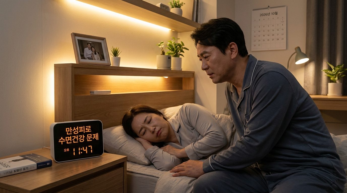 코골이로 인한 부부의 수면 부족과 관계 문제를 걱정하는 한국 중년 부부의 모습