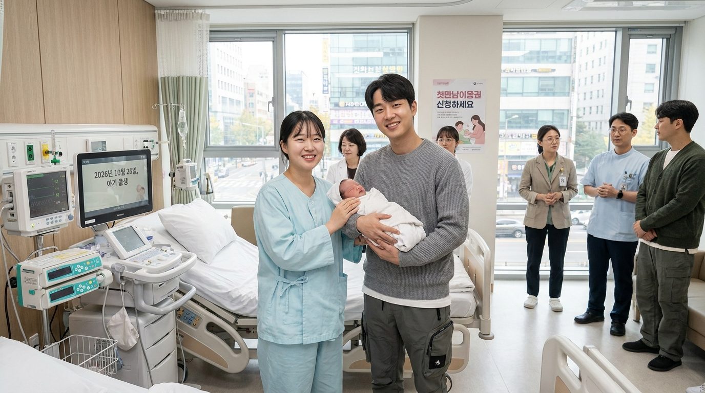 육아 지원금: 현대식 한국 병원 병실에서 신생아를 기뻐하며 안고 있는 젊은 한국인 부부 모습