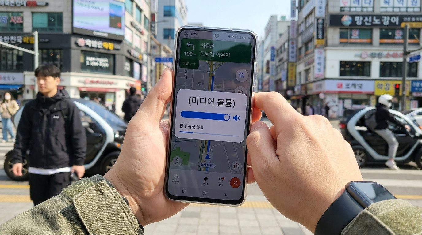 스마트폰 화면에서 미디어 볼륨을 최대로 조절하는 모습의 클로즈업 컷