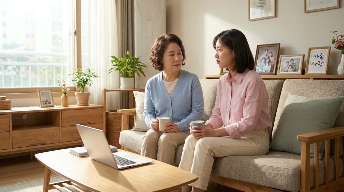 거실에서 진지한 대화를 나누고 있는 한국의 어머니와 딸의 실사 이미지