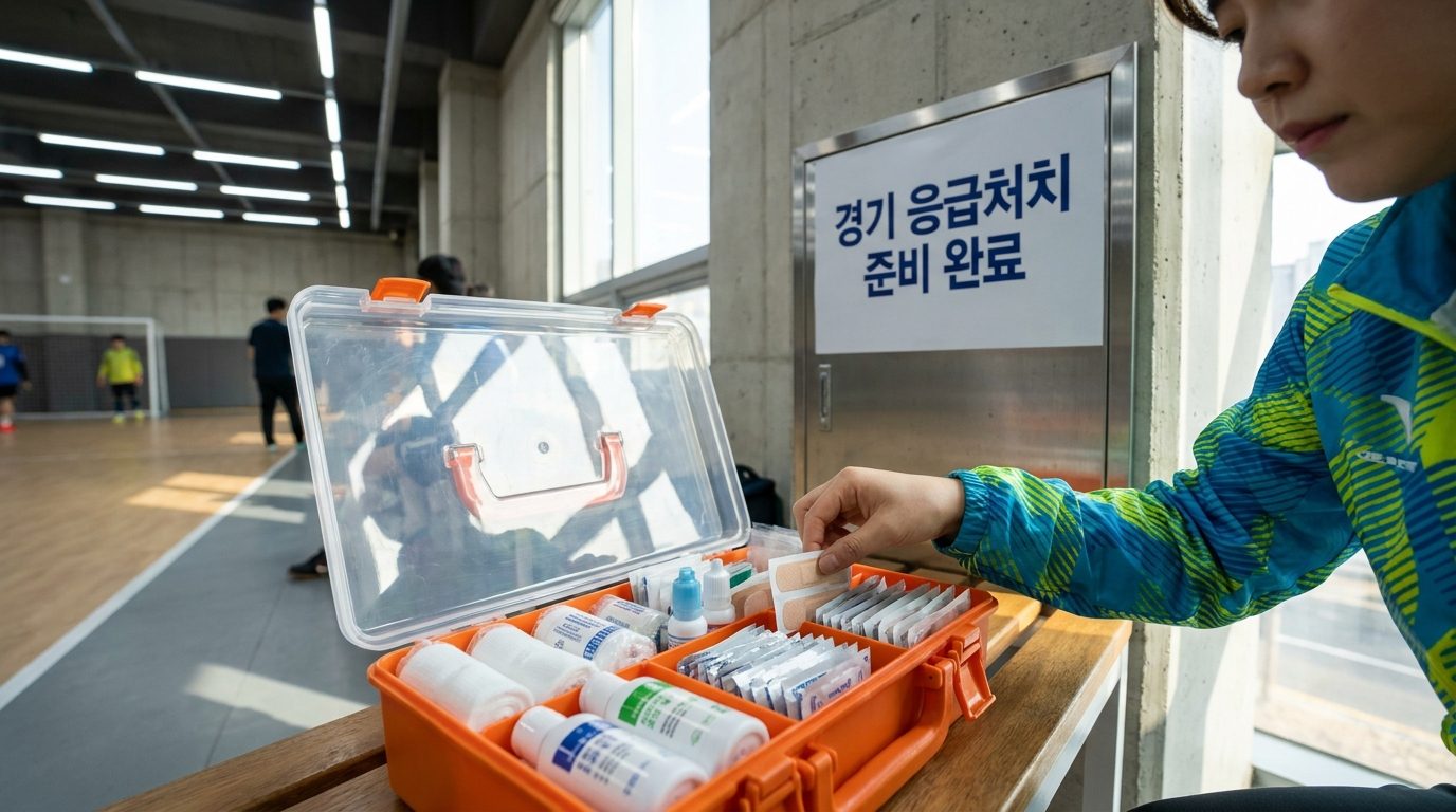 풋살 경기장 사이드라인에 놓인 구급상자와 응급처치 용품을 사용하는 한국 여성의 손 모습