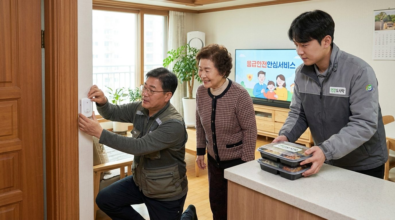 응급안전안심서비스 설치와 도시락 배달 지원을 받는 독거노인 가정 모습