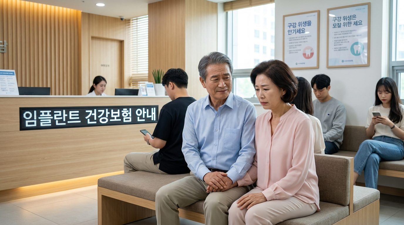 노인 임플란트 지원: 따뜻한 조명 아래 현대적이고 아늑한 치과 대기실에 앉아 있는 걱정스러운 한국 노부부 모습
