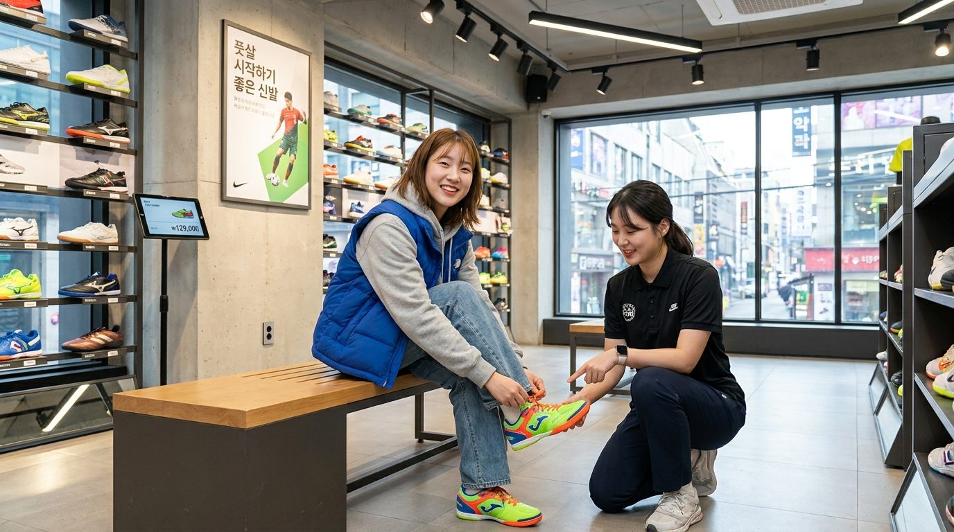 현대 스포츠 매장에서 풋살화를 신어보는 한국 여성 소비자