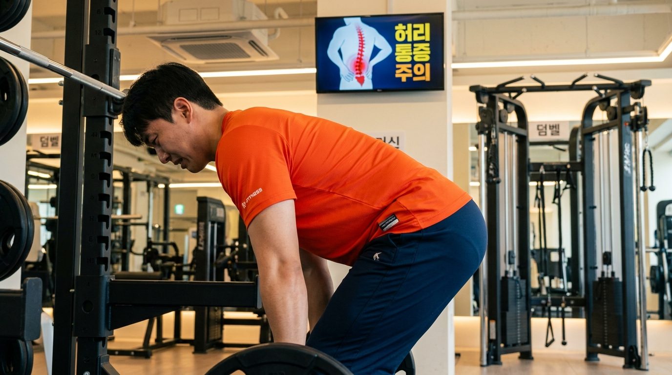 잘못된 바벨로우 자세로 허리에 통증이 오는 상황을 묘사한 이미지