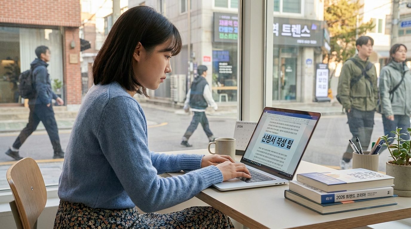 창가 책상에서 신중히 신청서를 작성하는 여성의 모습