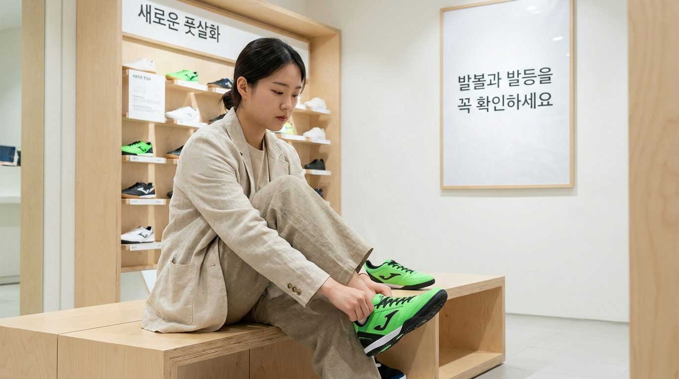 풋살화 사이즈와 발볼을 확인하는 한국 여자 손님