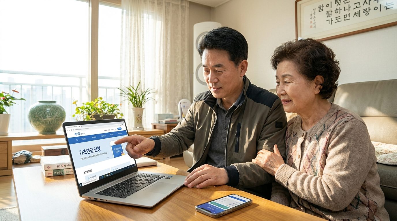 65세 혜택: 노년의 어머니를 도와 복지 혜택 신청하는 중년 자녀와 어머니의 따뜻한 모습
