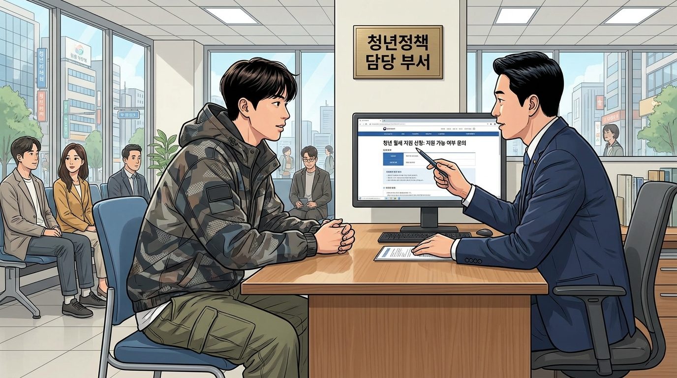 청년 월세 지원 자격 관련 문의를 하는 청년과 공무원 상담 장면