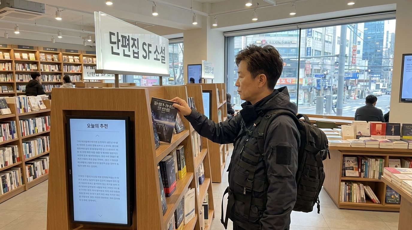 한국 서점에서 단편 SF 소설 코너에서 책을 고르는 중년 한국인 모습