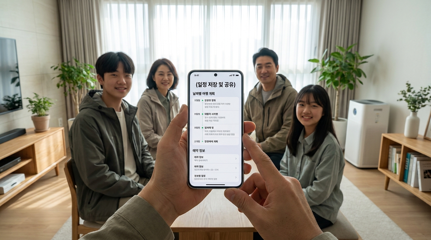 밝은 집에서 스마트폰으로 여행 일정을 공유하는 현대 한국 가족의 모습