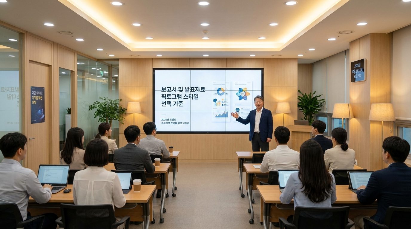 한국 현대 발표룸에서 픽토그램 스타일 선택 기준을 설명하는 발표자