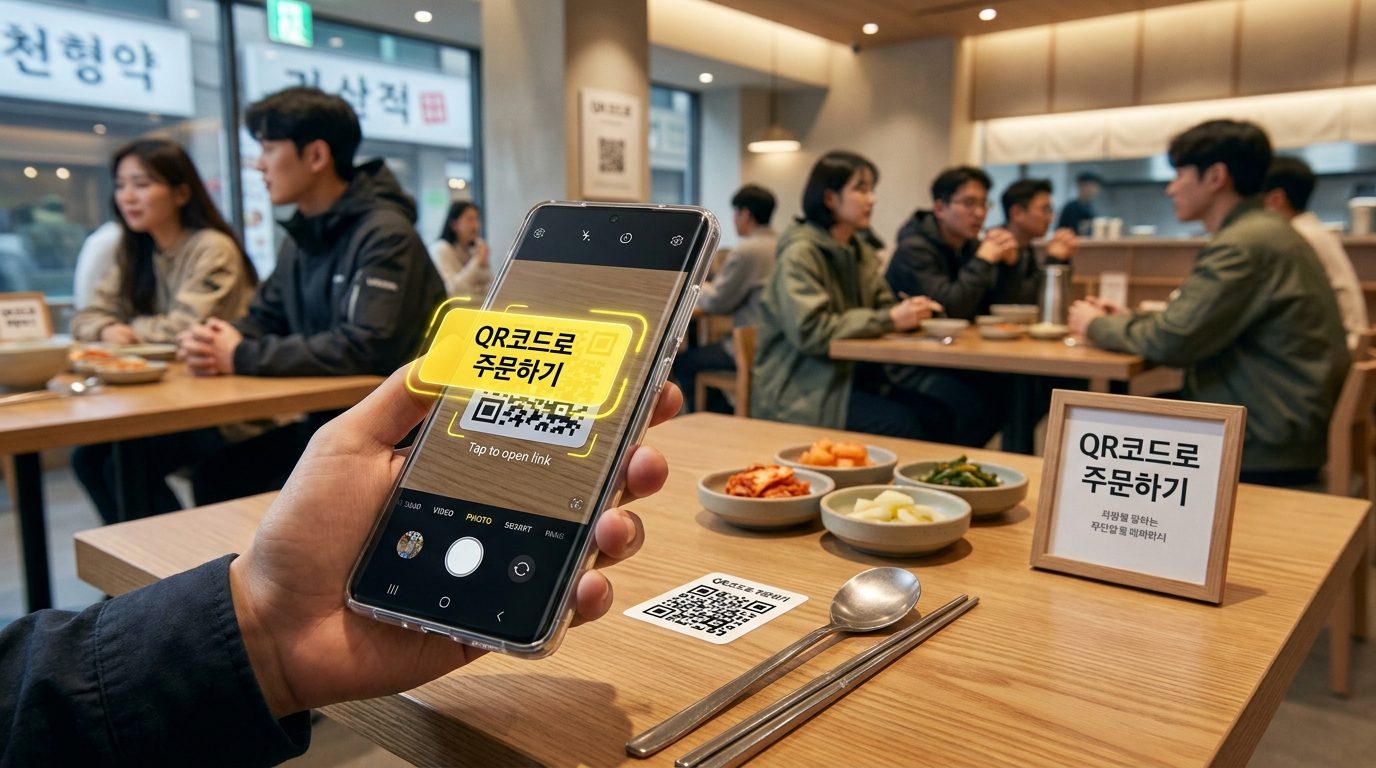 2026년 한국의 현대식 식당 테이블 위에서 스마트폰으로 QR코드를 스캔하는 모습을 클로즈업으로 담은 이미지