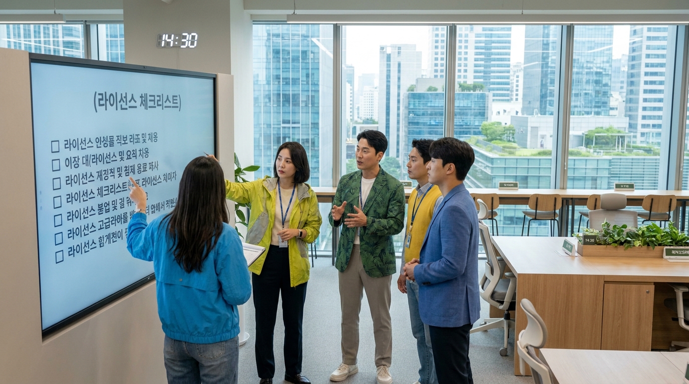 2026년 한국의 현대 사무실에서 디지털 화면으로 라이선스 체크리스트를 검토하는 다양한 직장인들의 모습