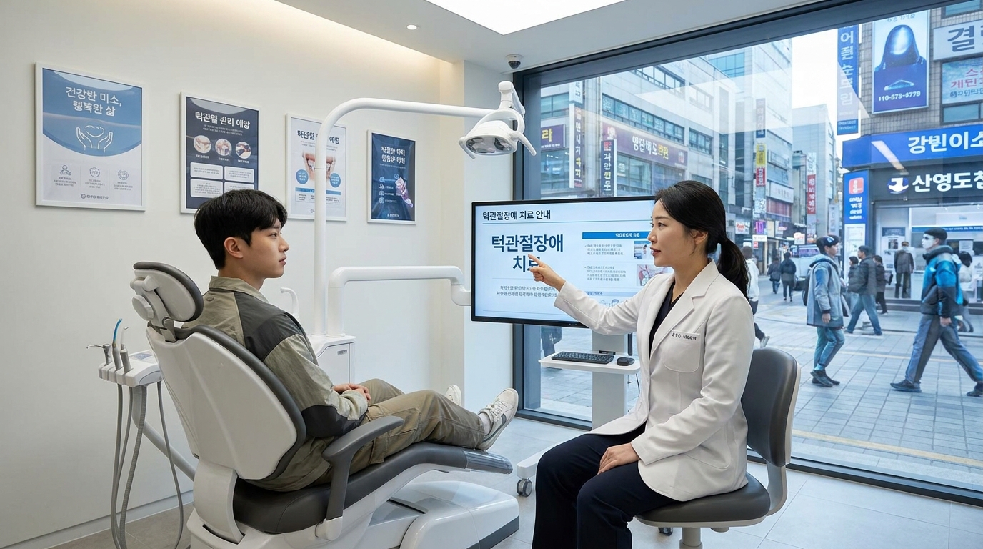 2026년 한국 치과에서 턱관절장애 치료를 설명하는 치과의사와 환자 장면