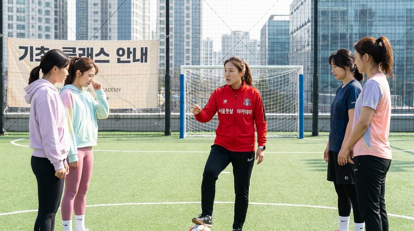 현대적인 붉은 트랙 슈트를 입고 기초 클래스 지도로 여성 풋살 선수들을 가르치는 한국 여성 코치 모습