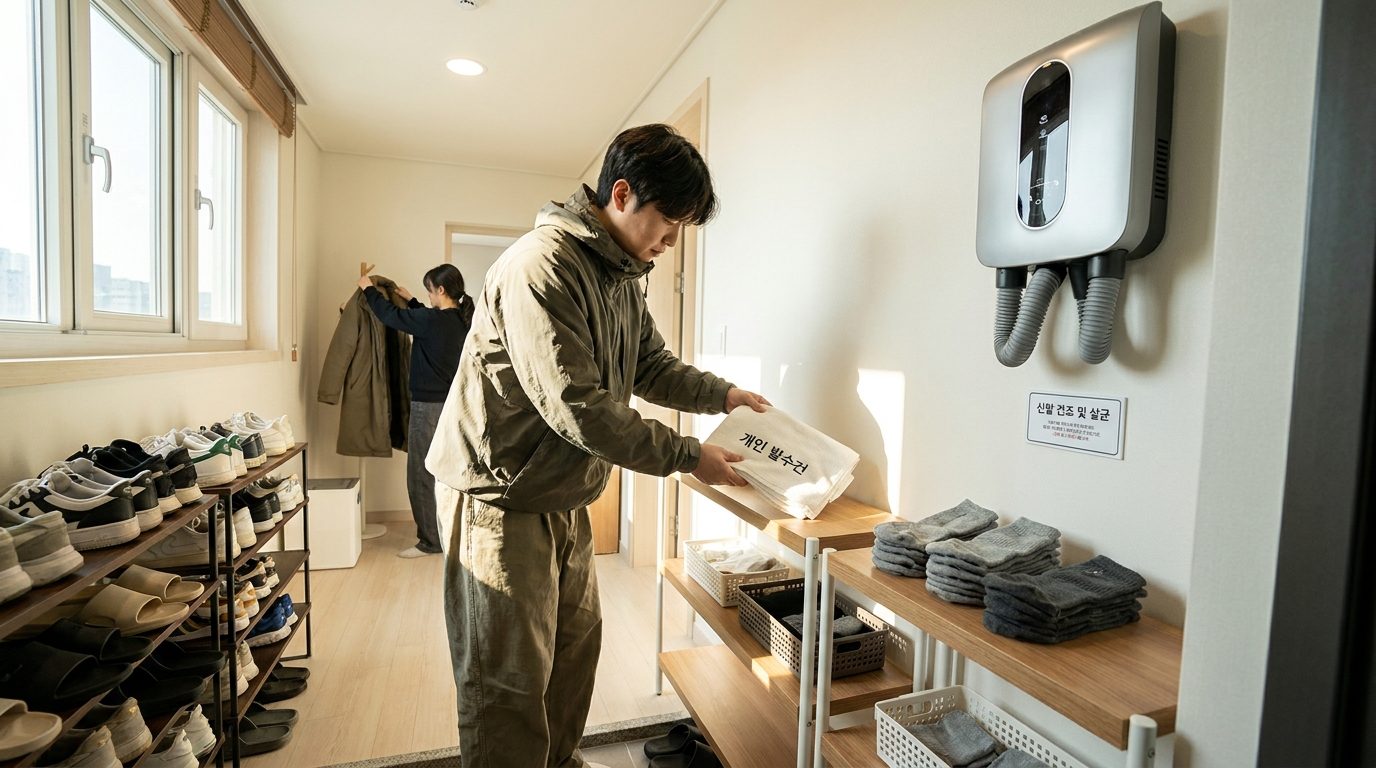 현대적인 한국 가정 입구에서 신발과 개인 발수건 정리하는 모습