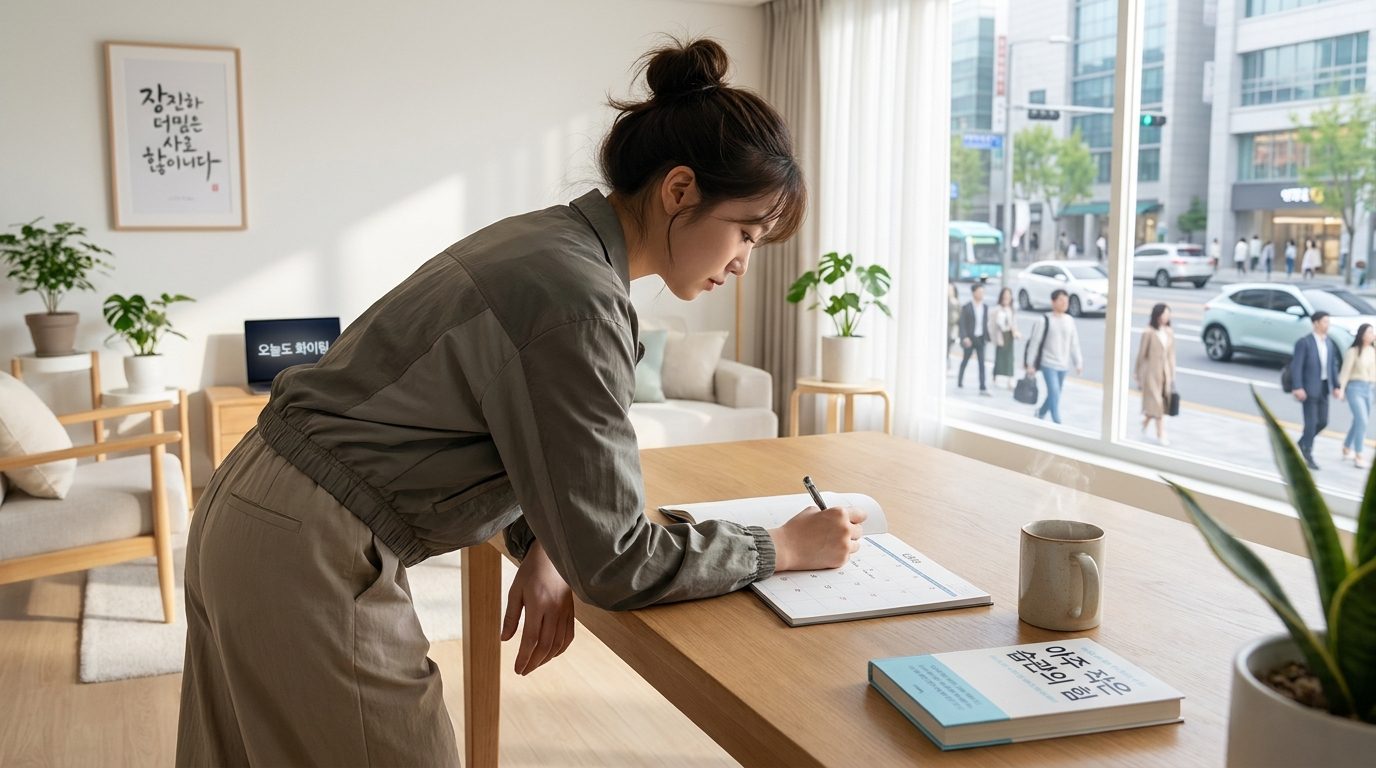 주말 아침 밝은 거실에서 캘린더에 계획을 적으며 아침 습관 변화를 준비하는 한국 여성