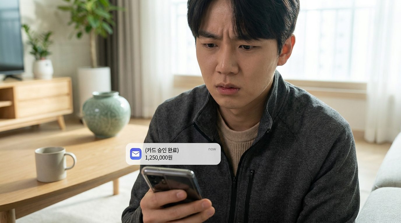 신용카드 해외결제 차단: 스마트폰으로 카드 승인 문자를 확인하며 걱정하는 한국인의 클로즈업 사진