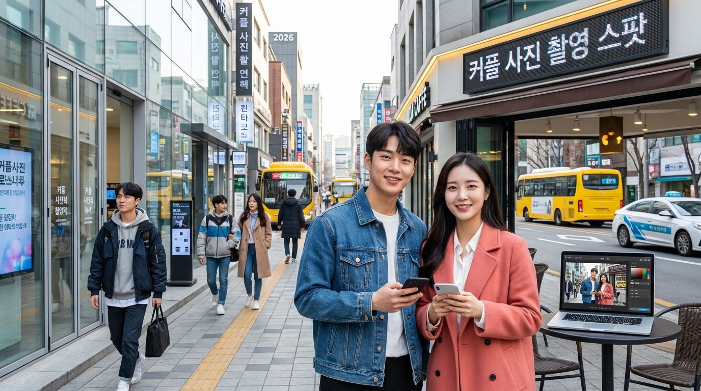 2026년 대한민국의 도시 배경에서 자연광 아래 나란히 서 있는 두 사람의 선명한 커플 사진 장면