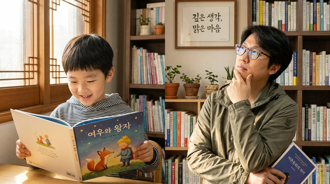 아이와 부모가 각기 다른 시선으로 어른동화를 바라보는 모습