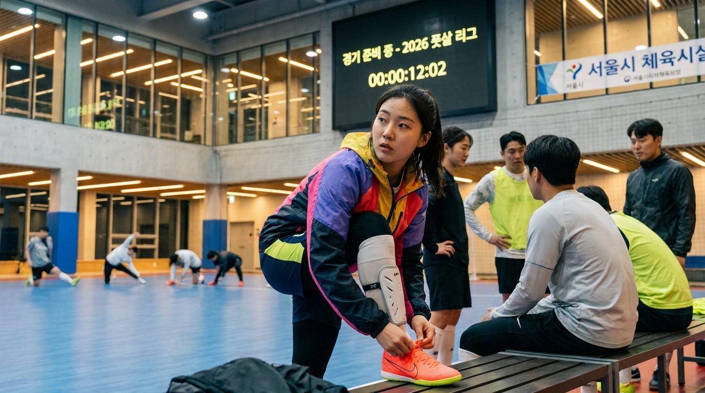 실내 풋살장에서 경기 준비를 하는 한국 여성 선수의 모습