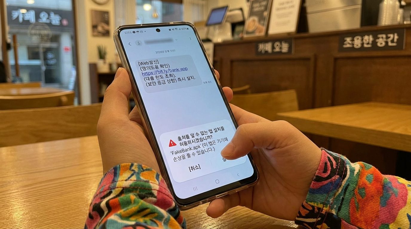 카페에서 스마트폰 화면에 가짜 은행 앱 설치 링크와 출처 불명 앱 설치 허용 문의 문구가 한국어로 보이는 클로즈업