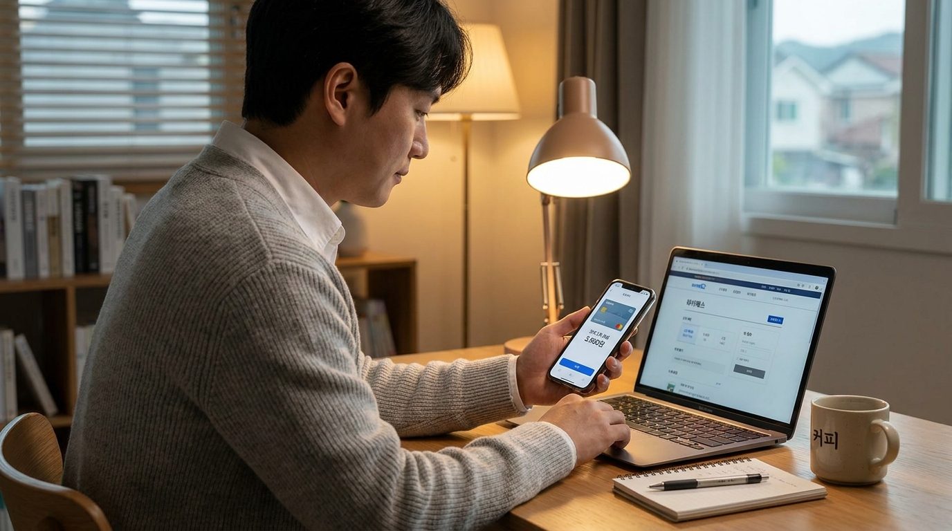 현대적인 가정 환경에서 스마트폰 앱으로 하이패스 카드 잔액을 조회하는 한국인 모습의 실사 이미지
