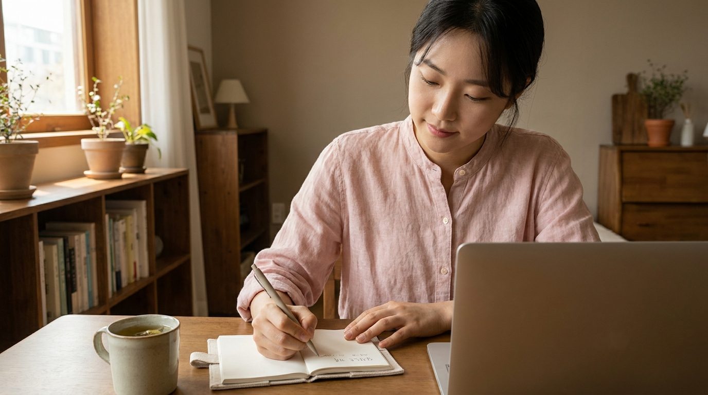 집에서 실천노트를 작성하는 한국 여성의 클로즈업 모습