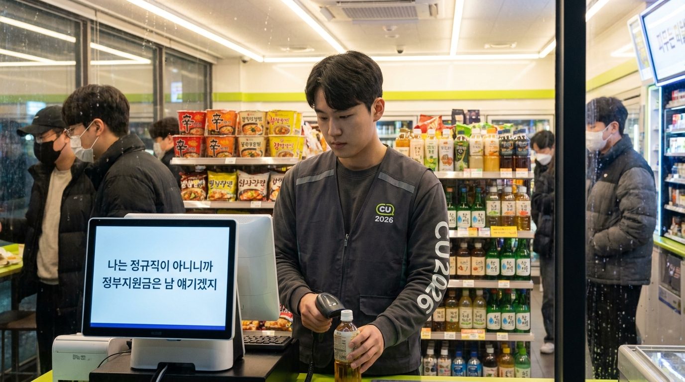 알바 지원금: 편의점 야간 알바 중인 한국 청년의 모습, 근면한 표정과 함께 따뜻한 조명 아래 진열된 상품들