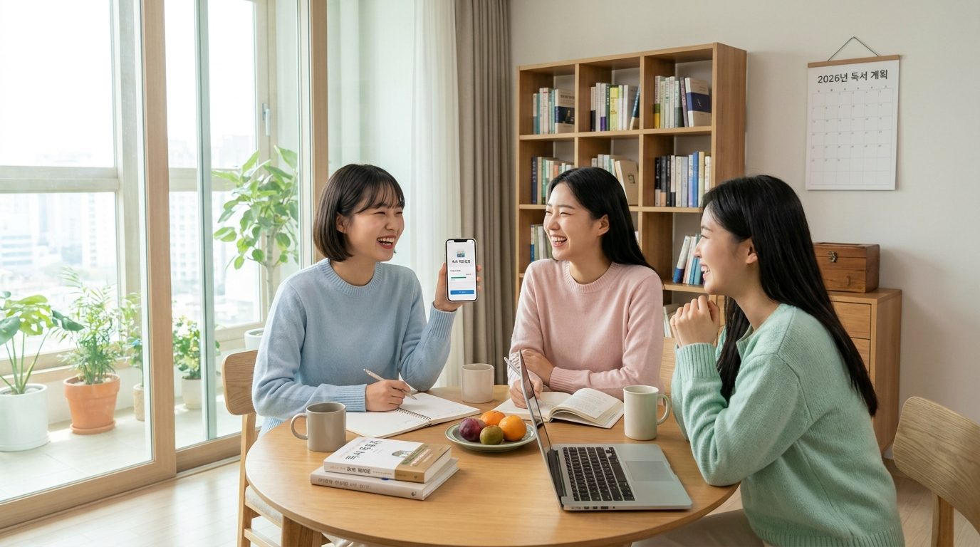 모던한 집에서 독서 목표를 점검하며 대화하는 젊은 한국 여성 세 명의 모습, 부드러운 자연광과 따뜻한 분위기
