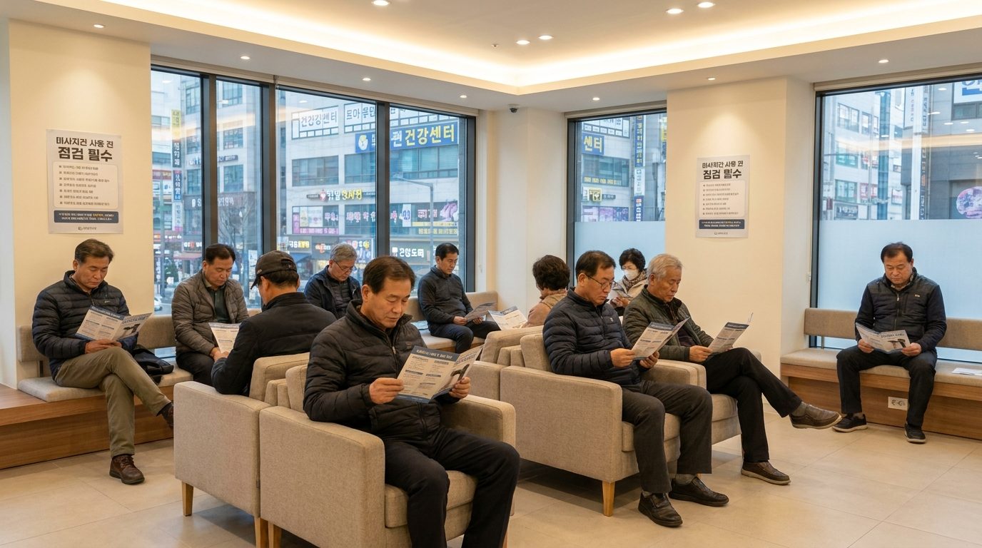 한국 현대 클리닉 대기실에서 마사지건 안전 사용 안내 책자를 읽는 다양한 연령대 한국인들의 이미지