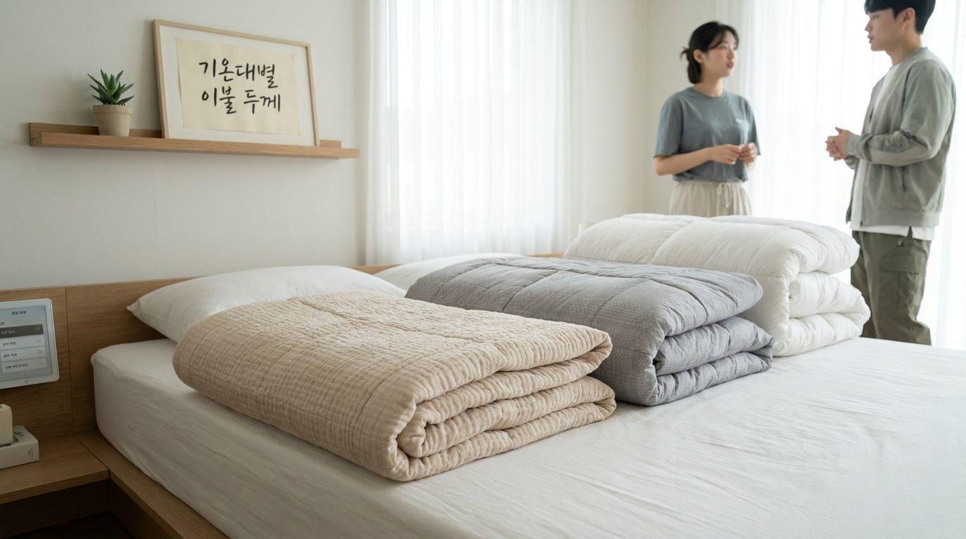 한국 가정의 침대 위에 여러 두께별 가을 이불 소재들을 질감과 함께 클로즈업으로 보여주는 모습