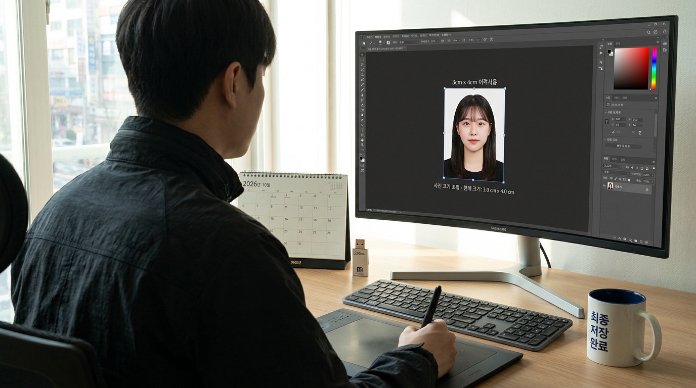 컴퓨터 화면에서 한국 이력서용 증명사진 크기 조정하는 장면