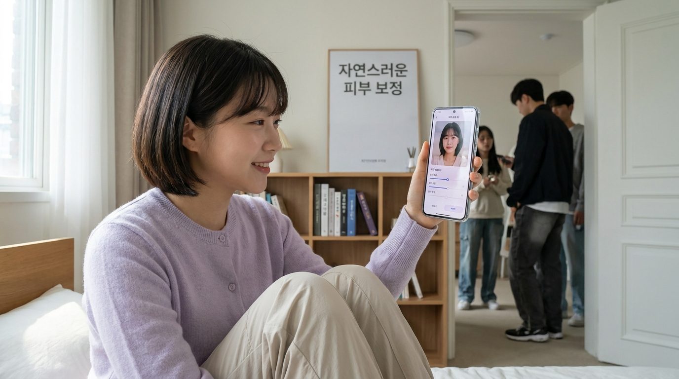 2026년 대한민국 젊은 여성이 스마트폰으로 인물 피부 보정을 하는 모습