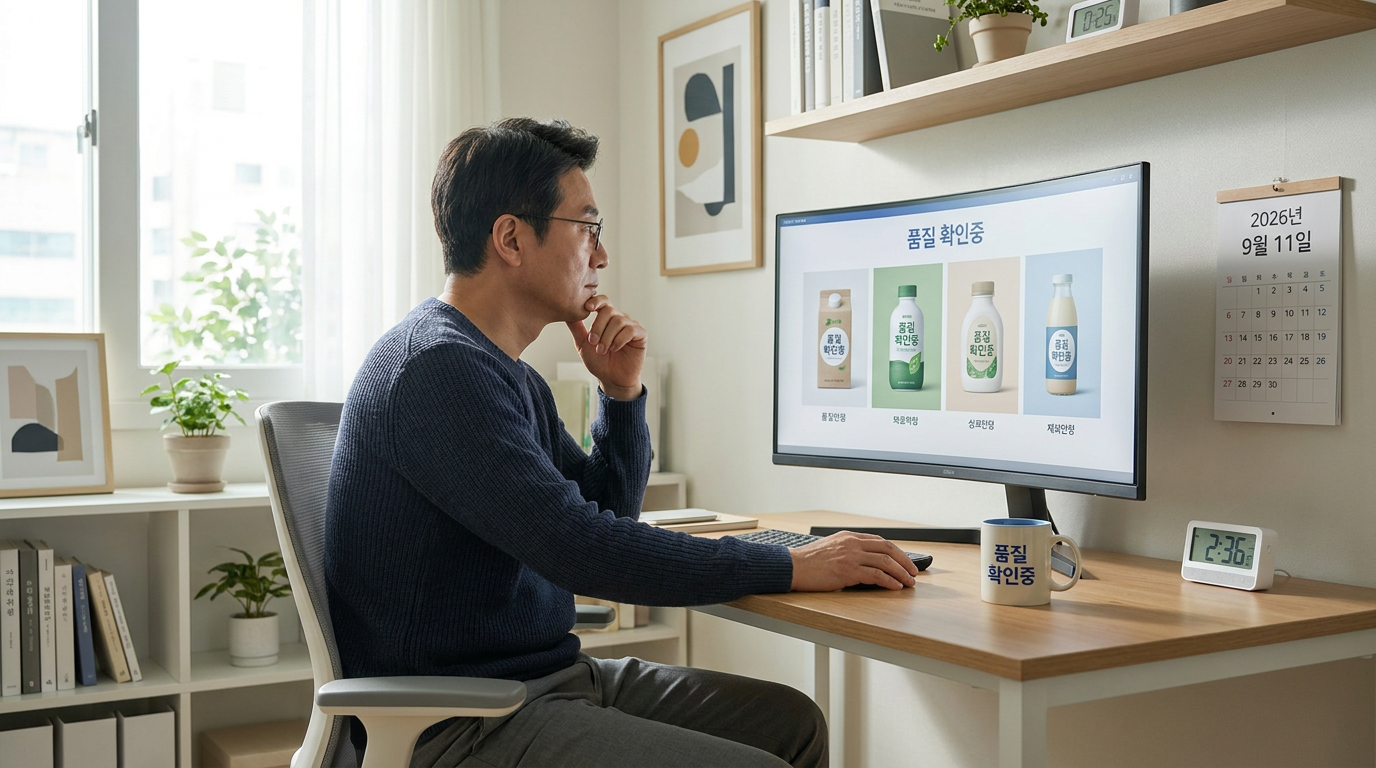 AI 목업 이미지 결과물을 꼼꼼히 검토하는 한국 전자상거래 판매자의 실사 장면