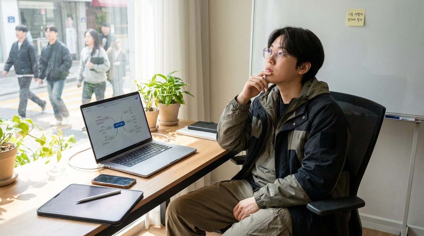 퍼스널 브랜딩 도서: 다양한 디지털 기기에 둘러싸인 현대적이고 고민하는 한국인의 모습, 집무실 배경에 한국어 문구가 있는 이미지