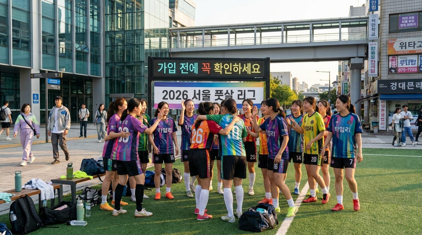 현대적 도시 스포츠 단지에서 경기 후 함께 기뻐하는 한국 여성 풋살팀