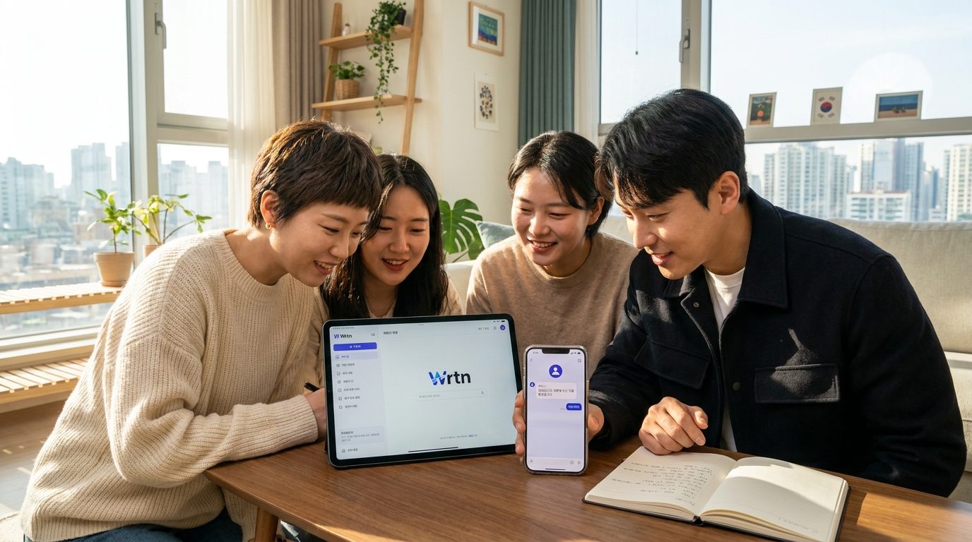 뤼튼 AI 사용법: 현대적이고 깔끔한 거실에서 최신 2026년 한국 패션을 입은 한국 사람들이 스마트폰과 태블릿으로 뤼튼 AI 앱을 사용하며 즐겁게 대화하는 모습