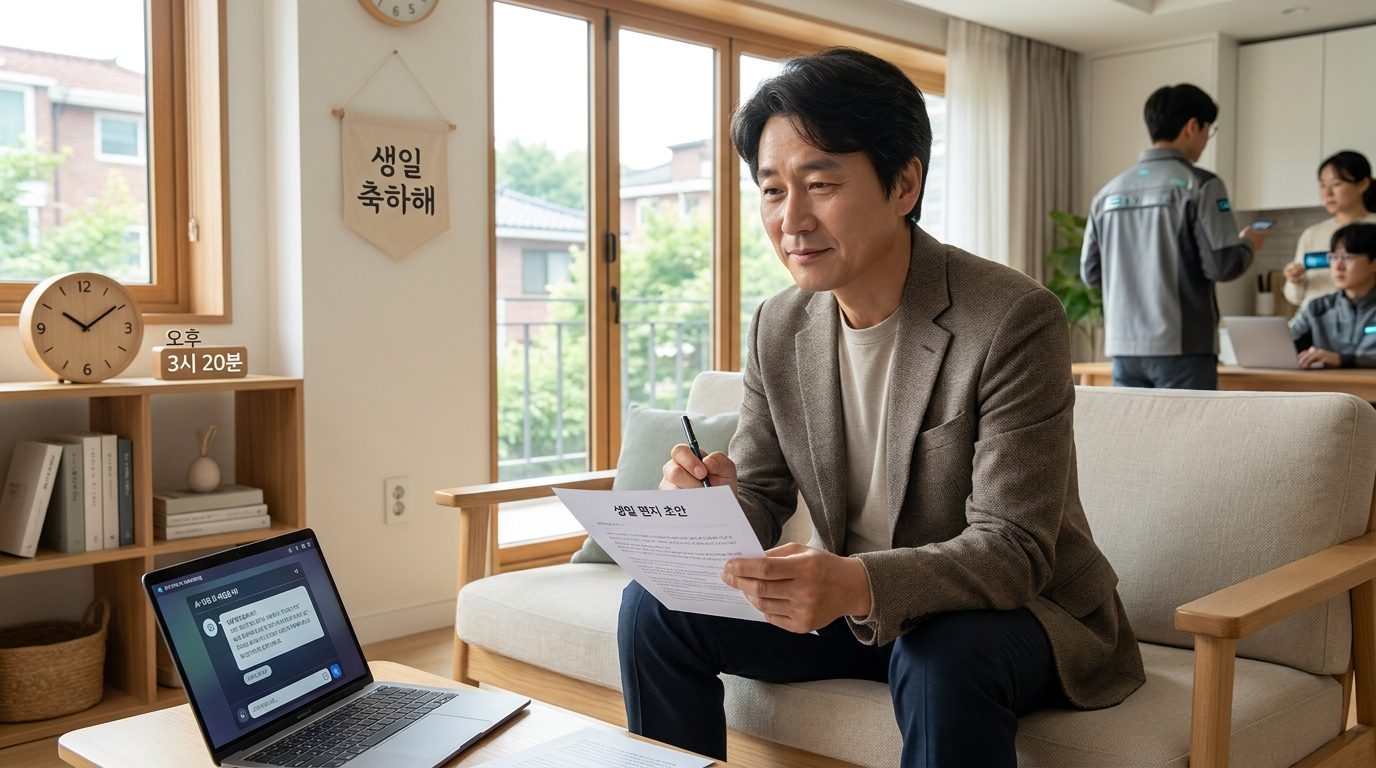 중년 사람이 거실에서 AI 편지 초안을 검토하며 다듬고 있는 모습