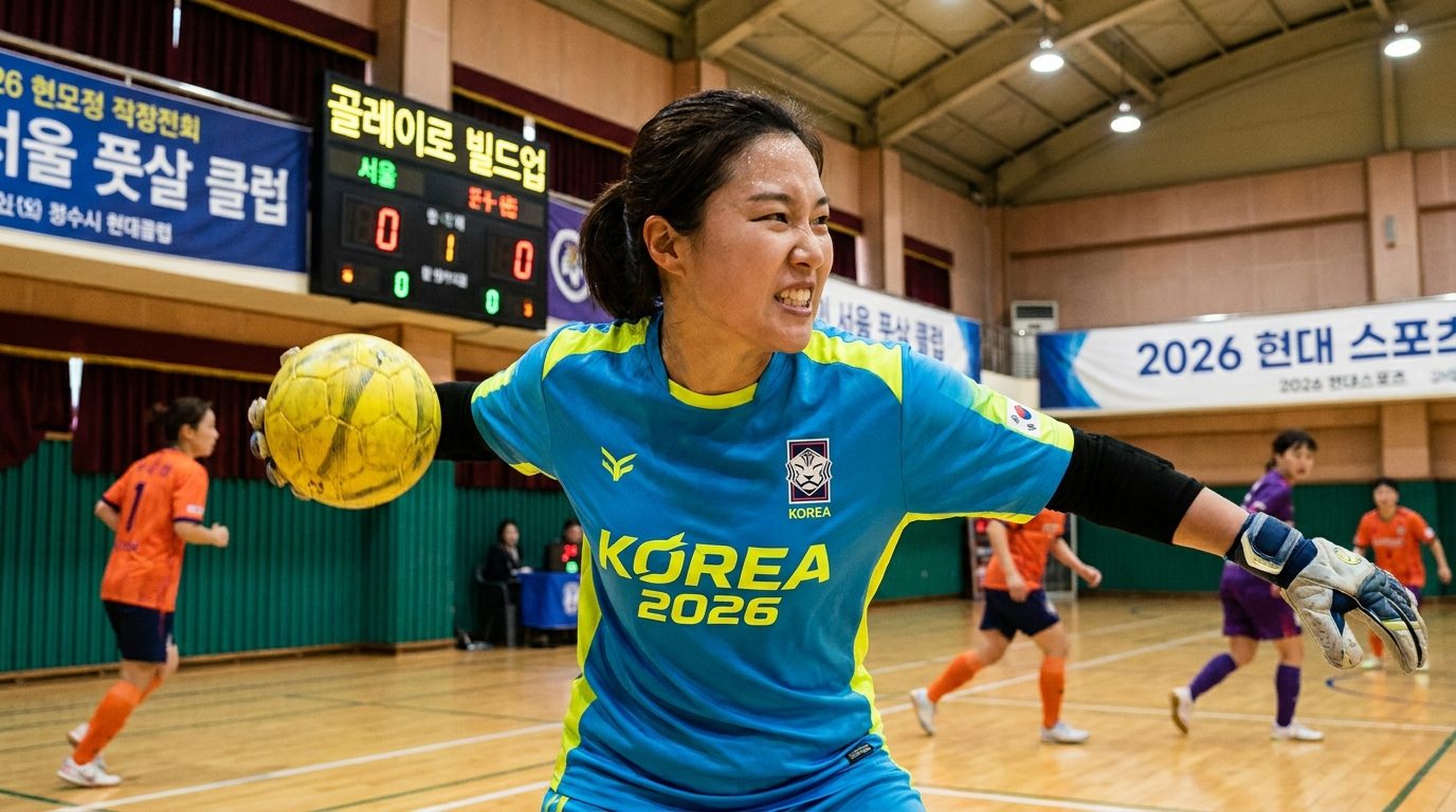 한국 풋살장에서 공격을 시작하는 여성 골키퍼의 근접 사진