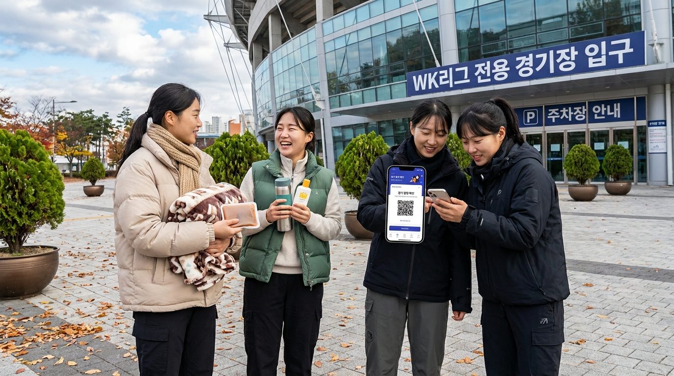 가을날 경기장 앞에서 직관 준비를 하는 여성 팬들