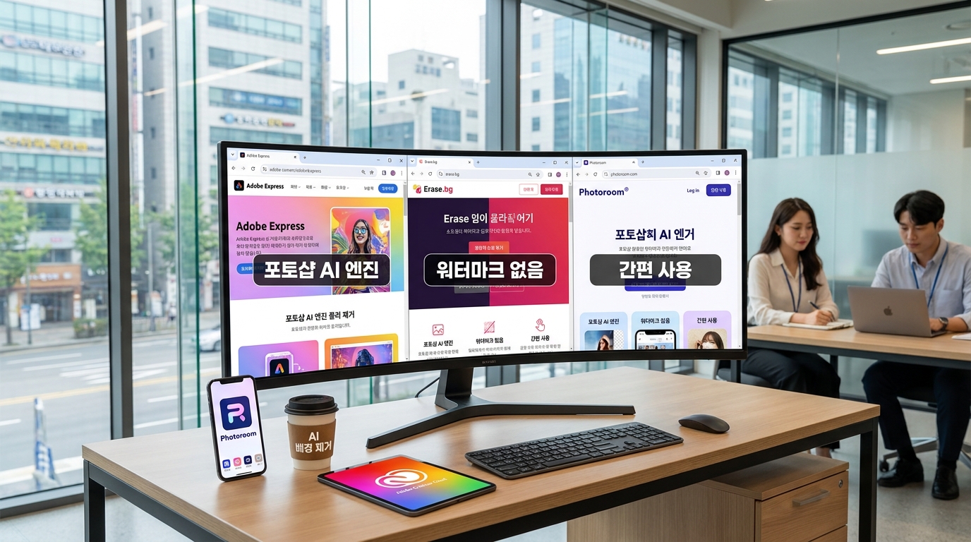 Adobe Express, Erase.bg, Photoroom 세 개 고해상도 무료 배경 제거 사이트 인터페이스를 보여주는 현대적인 사무실 풍경