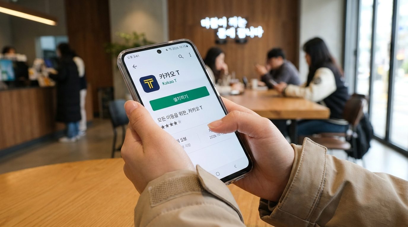 2026년  한국의 젊은이가 카카오T 앱 설치 화면을 보고 있는 모습 클로즈업