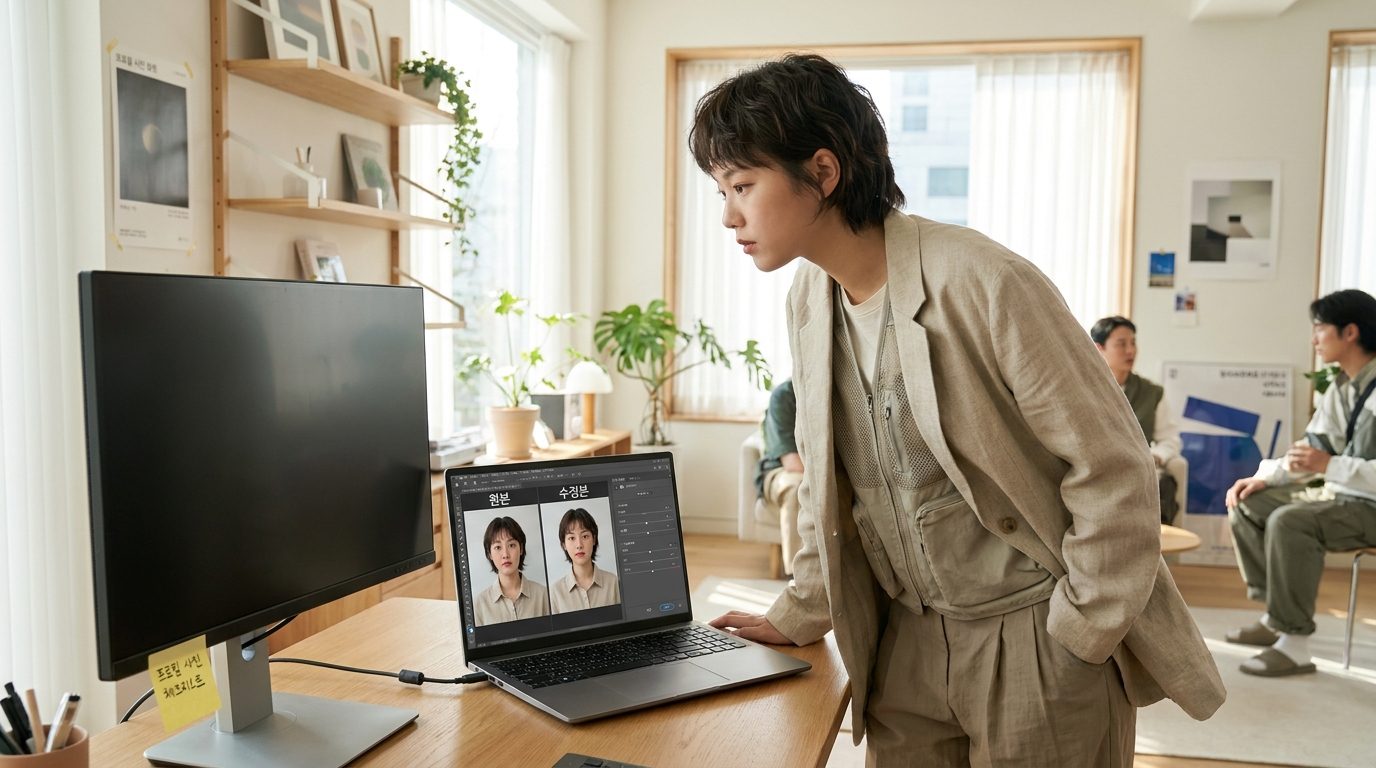 현대적인 집 스튜디오에서 포토샵 픽셀 유동화 및 뉴럴 필터를 이용해 프로필 사진을 비교하며 점검하는 한국인 젊은 여성
